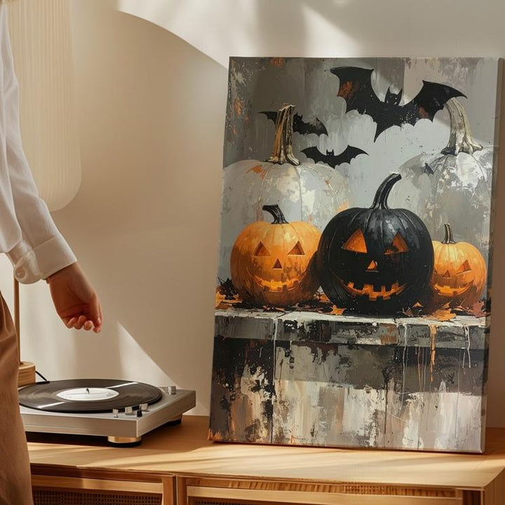 Shadowed Pumpkin Trio Canvas – Moody Halloween Rustic Wall Decor - Gifitto