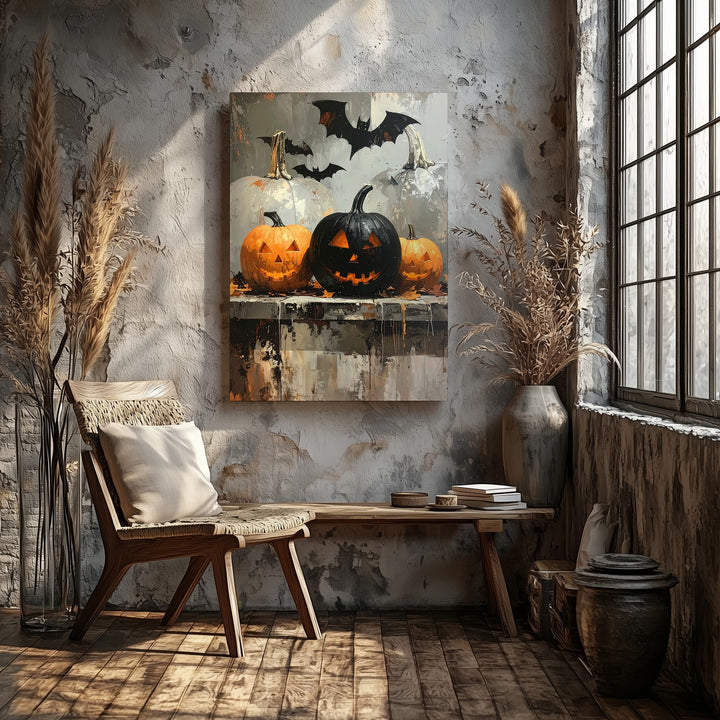 Shadowed Pumpkin Trio Canvas – Moody Halloween Rustic Wall Decor - Gifitto