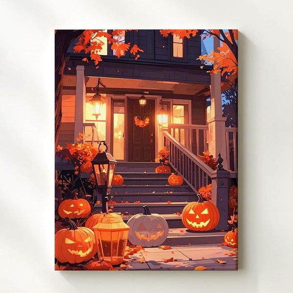 Twilight Halloween Porch Canvas – Glowing Pumpkins & Rustic Lamplight - Gifitto