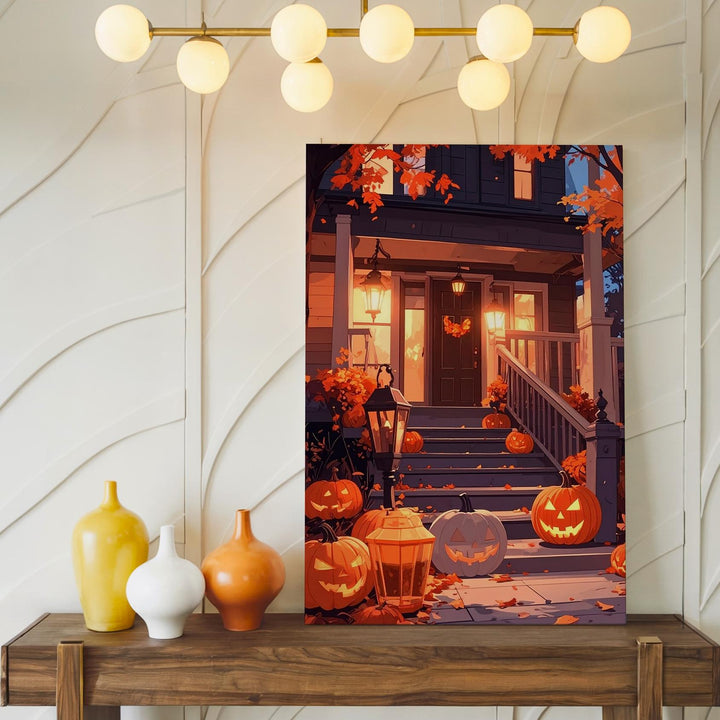 Twilight Halloween Porch Canvas – Glowing Pumpkins & Rustic Lamplight - Gifitto