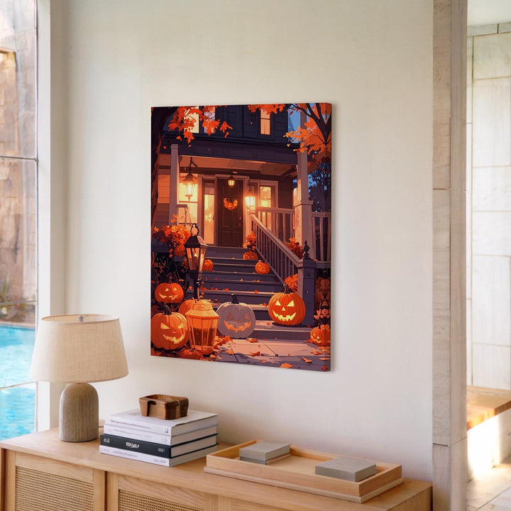 Twilight Halloween Porch Canvas – Glowing Pumpkins & Rustic Lamplight - Gifitto