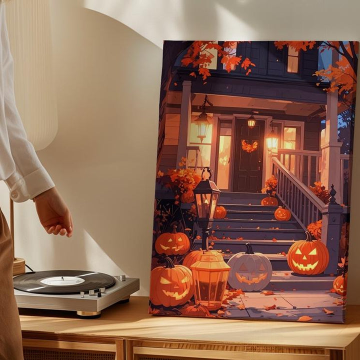 Twilight Halloween Porch Canvas – Glowing Pumpkins & Rustic Lamplight - Gifitto