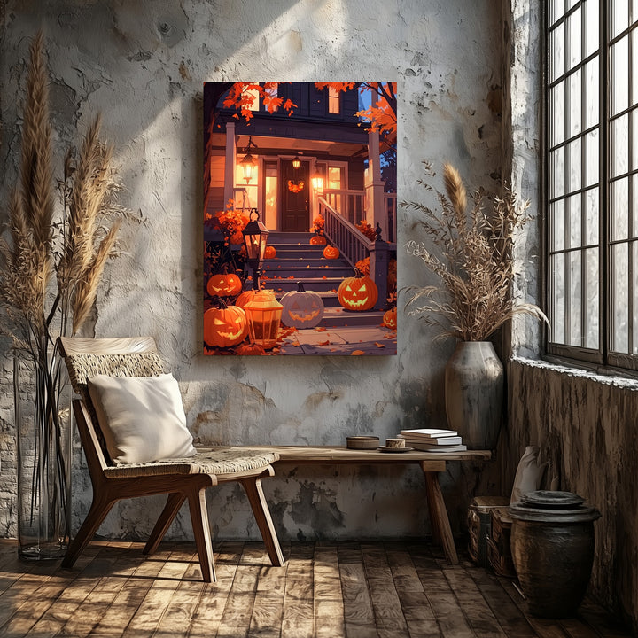 Twilight Halloween Porch Canvas – Glowing Pumpkins & Rustic Lamplight - Gifitto