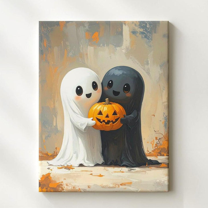 Hugging Ghosts & Pumpkin Canvas – Cute Halloween Wall Art for Kids - Gifitto