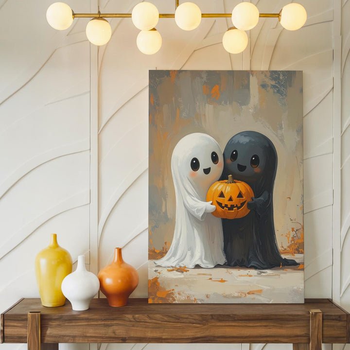 Hugging Ghosts & Pumpkin Canvas – Cute Halloween Wall Art for Kids - Gifitto
