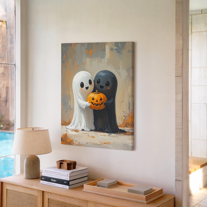 Hugging Ghosts & Pumpkin Canvas – Cute Halloween Wall Art for Kids - Gifitto