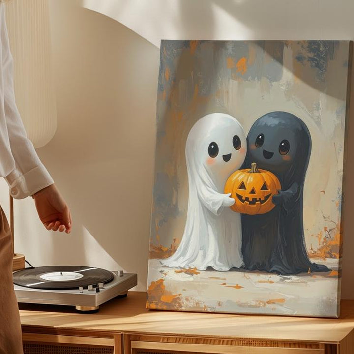 Hugging Ghosts & Pumpkin Canvas – Cute Halloween Wall Art for Kids - Gifitto