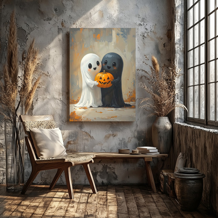 Hugging Ghosts & Pumpkin Canvas – Cute Halloween Wall Art for Kids - Gifitto