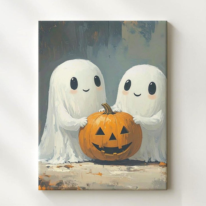 Ghost Hugs & Pumpkin Smiles Canvas – Wholesome Halloween Art Print - Gifitto