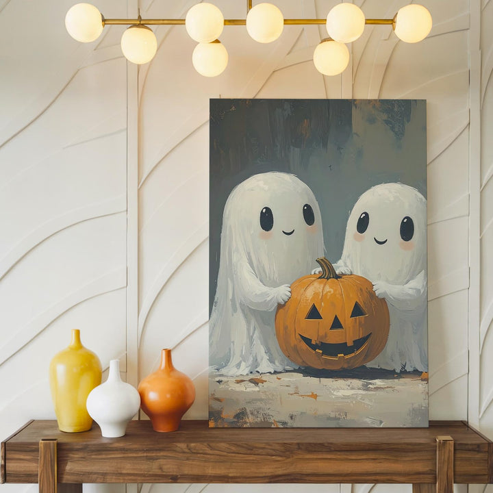 Ghost Hugs & Pumpkin Smiles Canvas – Wholesome Halloween Art Print - Gifitto