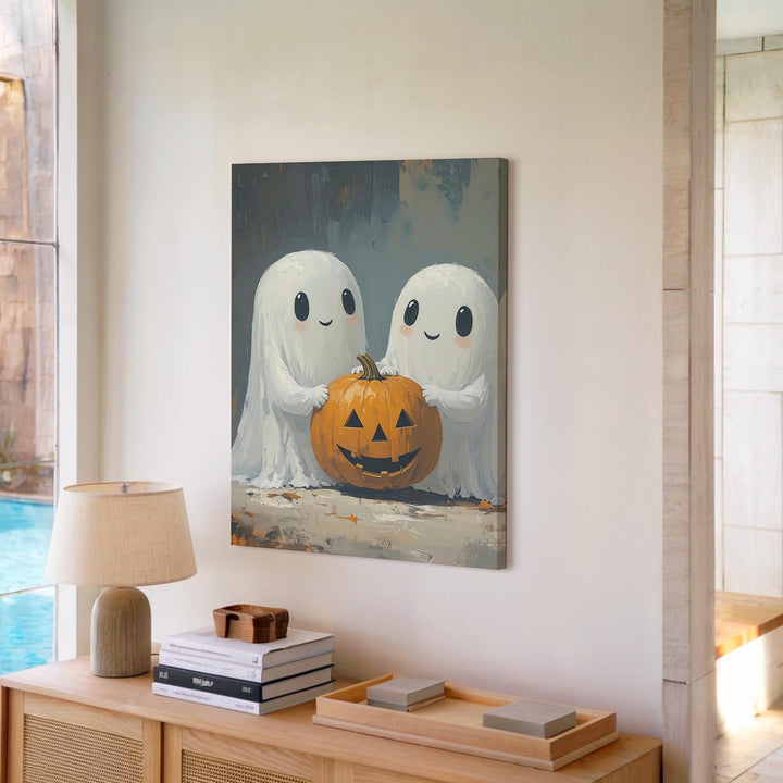 Ghost Hugs & Pumpkin Smiles Canvas – Wholesome Halloween Art Print - Gifitto