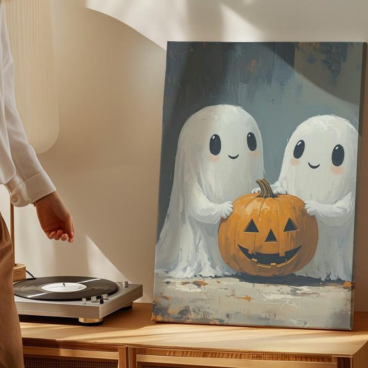 Ghost Hugs & Pumpkin Smiles Canvas – Wholesome Halloween Art Print - Gifitto