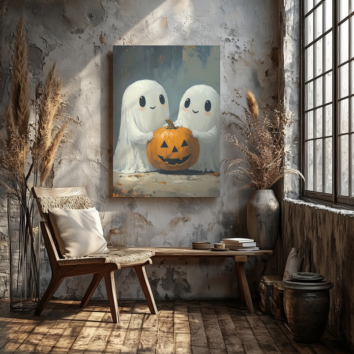 Ghost Hugs & Pumpkin Smiles Canvas – Wholesome Halloween Art Print - Gifitto