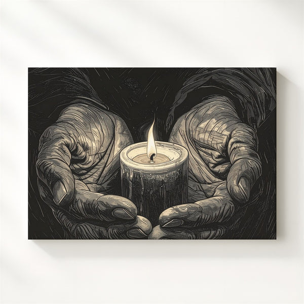 Candle in Aged Hands Canvas – Minimalist Gothic Tribute to Light & Memory - Gifitto