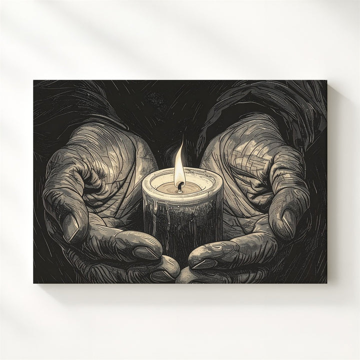 Candle in Aged Hands Canvas – Minimalist Gothic Tribute to Light & Memory - Gifitto