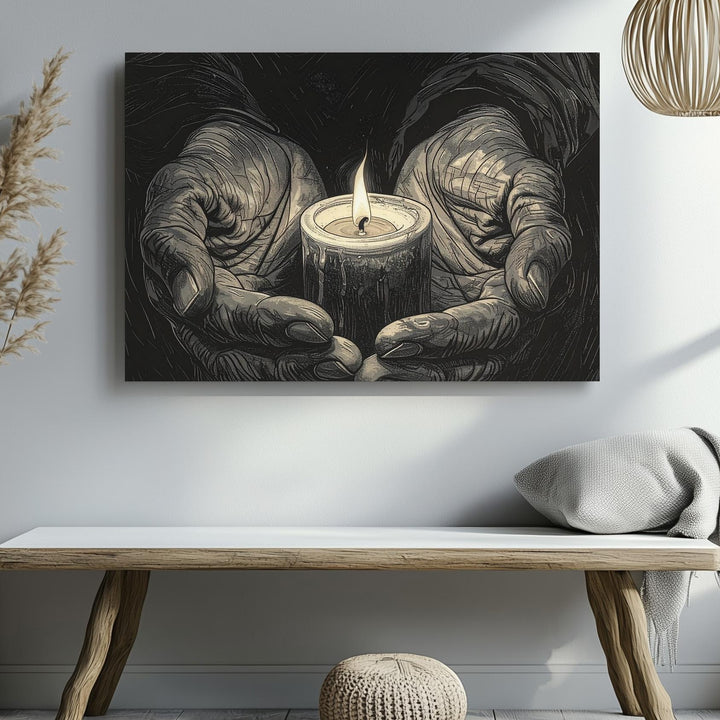 Candle in Aged Hands Canvas – Minimalist Gothic Tribute to Light & Memory - Gifitto