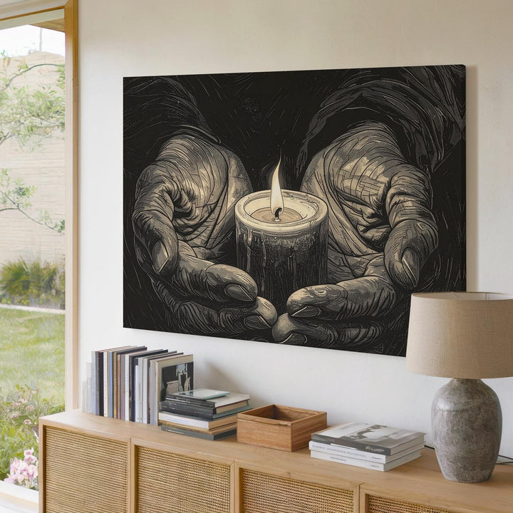 Candle in Aged Hands Canvas – Minimalist Gothic Tribute to Light & Memory - Gifitto
