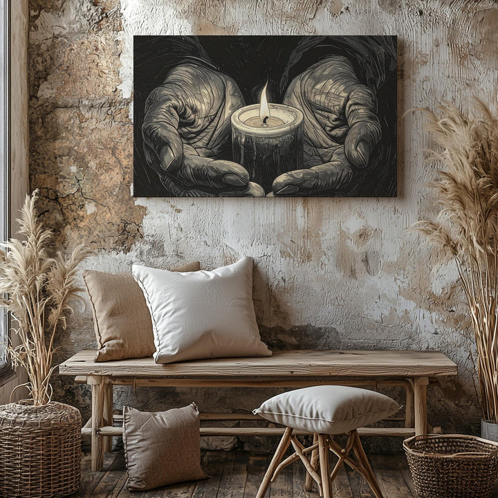 Candle in Aged Hands Canvas – Minimalist Gothic Tribute to Light & Memory - Gifitto