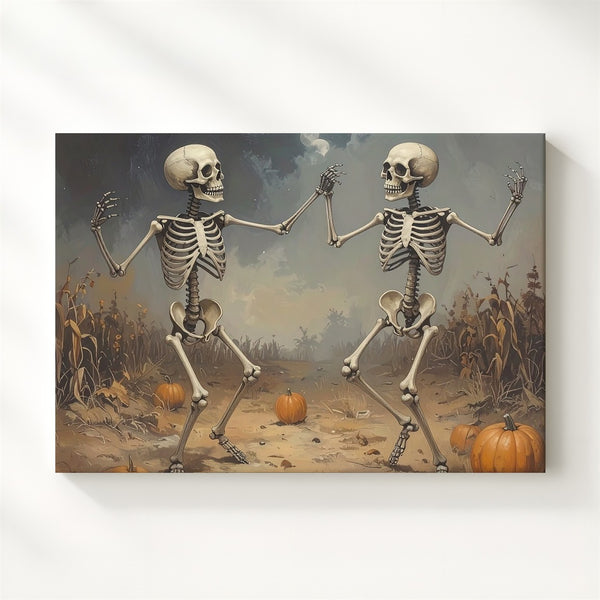 Dancing Skeletons Canvas – Whimsical Halloween Art in a Moonlit Pumpkin Patch - Gifitto