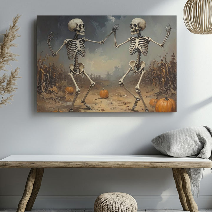 Dancing Skeletons Canvas – Whimsical Halloween Art in a Moonlit Pumpkin Patch - Gifitto