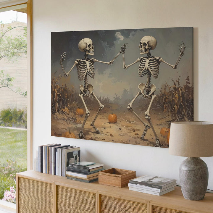 Dancing Skeletons Canvas – Whimsical Halloween Art in a Moonlit Pumpkin Patch - Gifitto