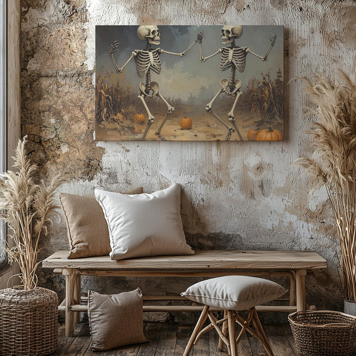 Dancing Skeletons Canvas – Whimsical Halloween Art in a Moonlit Pumpkin Patch - Gifitto