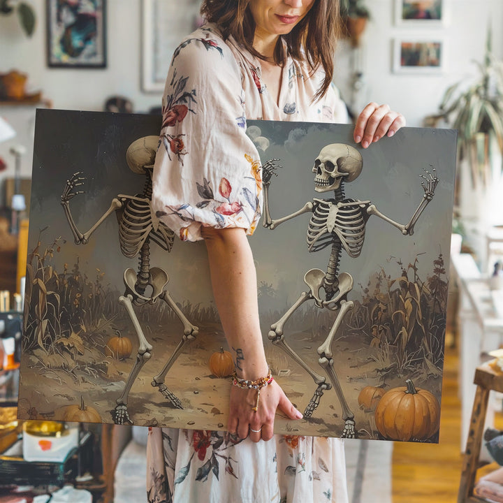 Dancing Skeletons Canvas – Whimsical Halloween Art in a Moonlit Pumpkin Patch - Gifitto