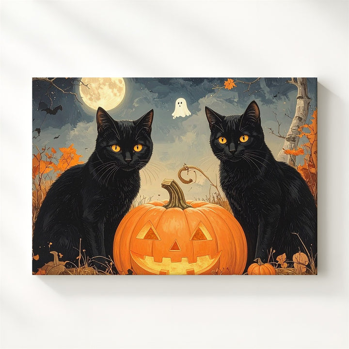 Twin Black Cats & Jack-o’-Lantern Canvas – Whimsical Halloween Night Wall Art - Gifitto