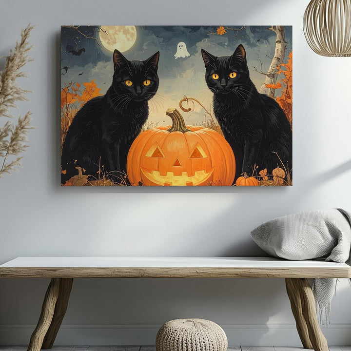 Twin Black Cats & Jack-o’-Lantern Canvas – Whimsical Halloween Night Wall Art - Gifitto