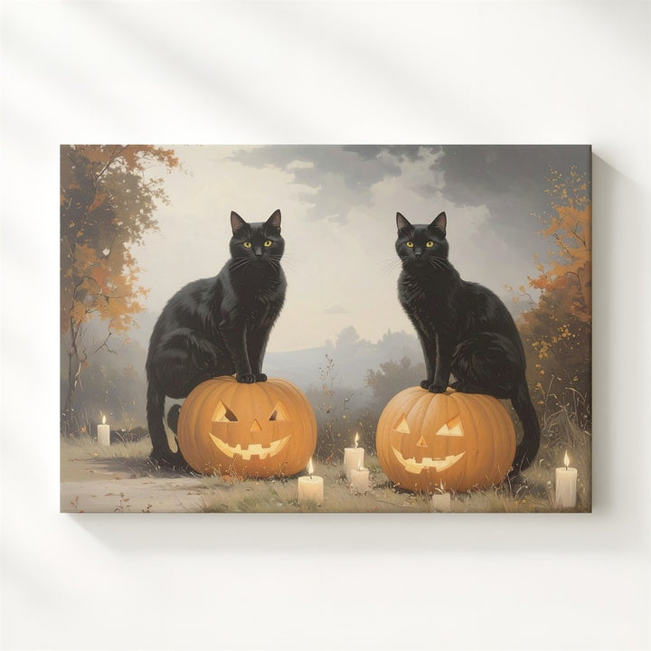 Black Cats & Jack-o’-Lanterns Canvas – Halloween Candlelight Wall Art - Gifitto