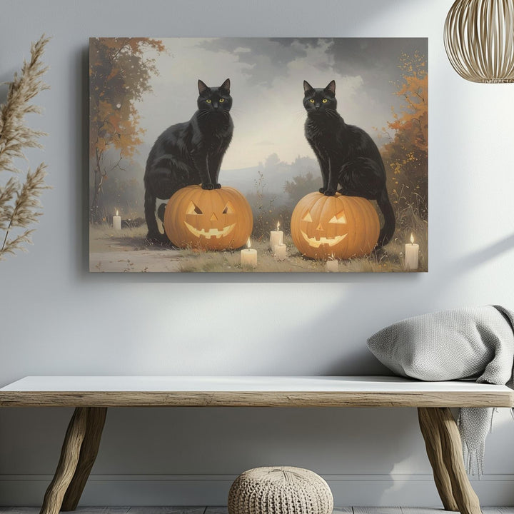 Black Cats & Jack-o’-Lanterns Canvas – Halloween Candlelight Wall Art - Gifitto