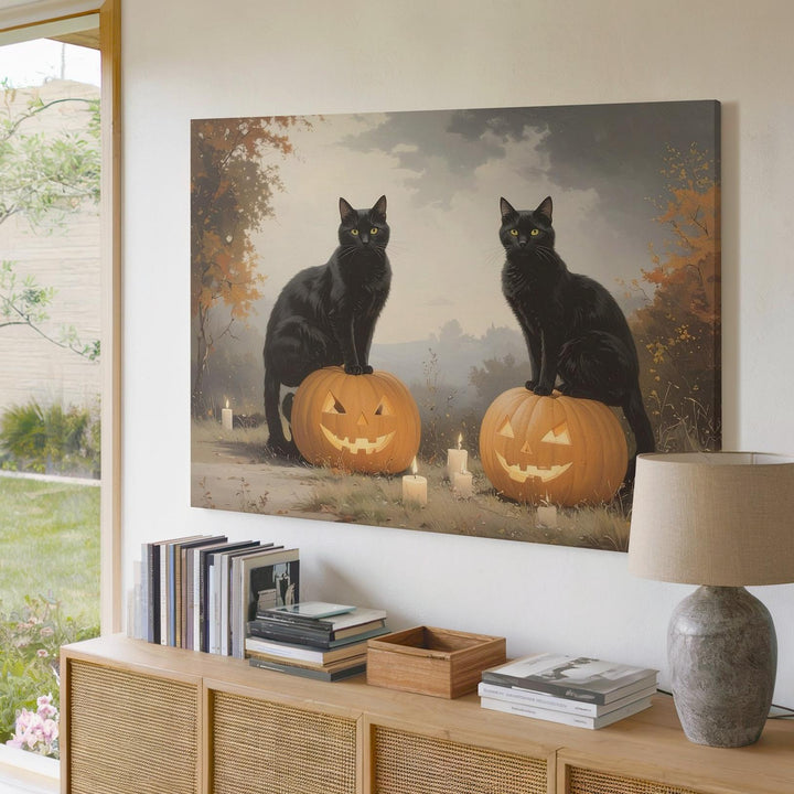 Black Cats & Jack-o’-Lanterns Canvas – Halloween Candlelight Wall Art - Gifitto
