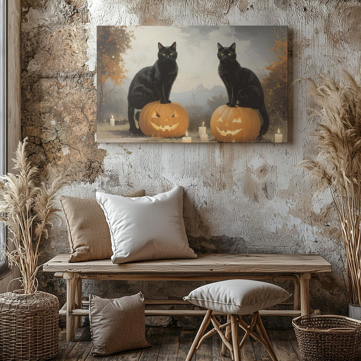 Black Cats & Jack-o’-Lanterns Canvas – Halloween Candlelight Wall Art - Gifitto