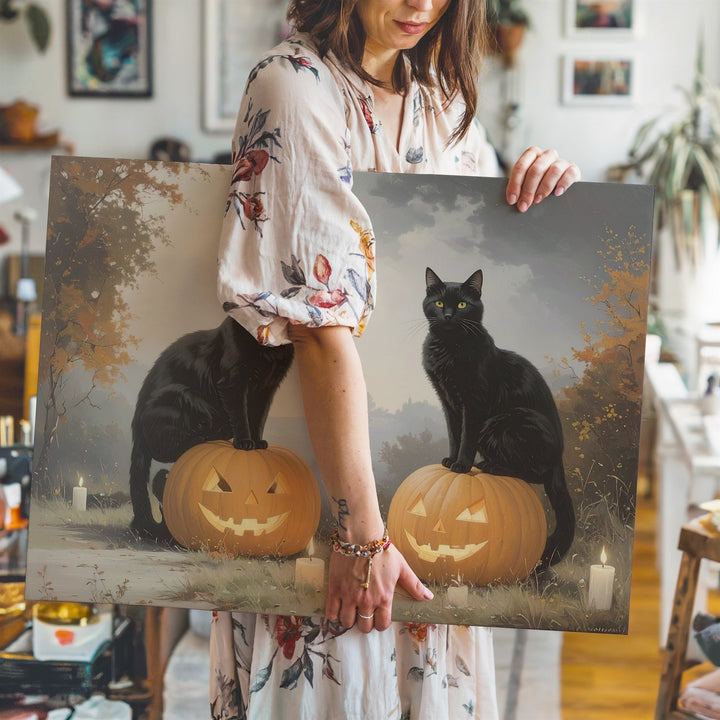 Black Cats & Jack-o’-Lanterns Canvas – Halloween Candlelight Wall Art - Gifitto