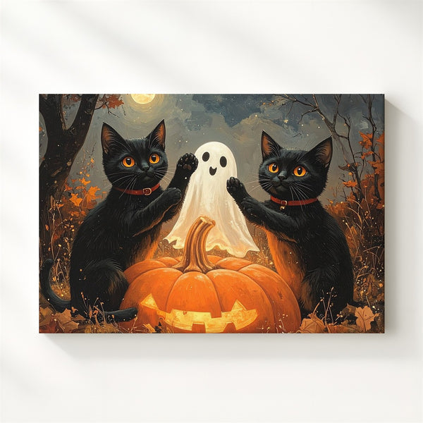 Dancing Black Cats & Ghost Canvas – Playful Halloween Charm Wall Art - Gifitto