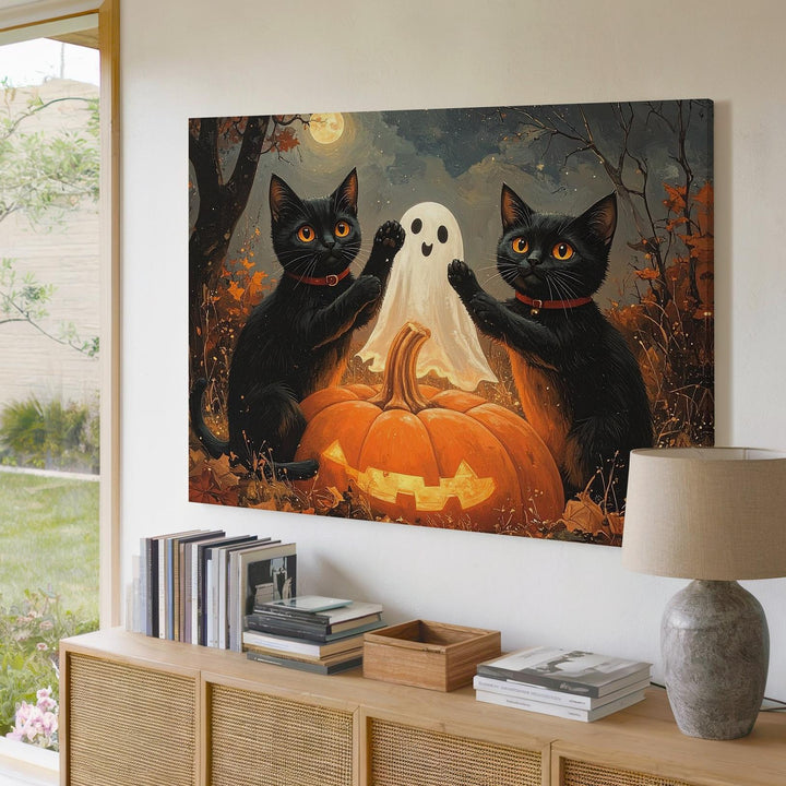 Dancing Black Cats & Ghost Canvas – Playful Halloween Charm Wall Art - Gifitto