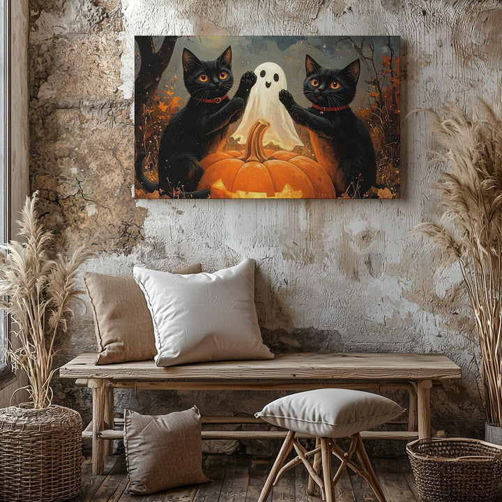 Dancing Black Cats & Ghost Canvas – Playful Halloween Charm Wall Art - Gifitto