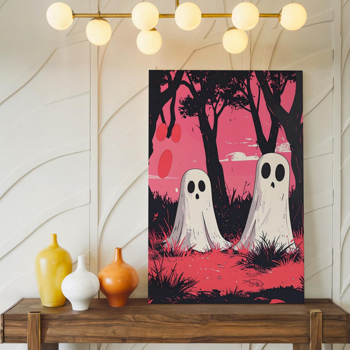 Retro Ghost Duo Canvas – Pink Sky Halloween Print-Inspired Wall Art - Gifitto