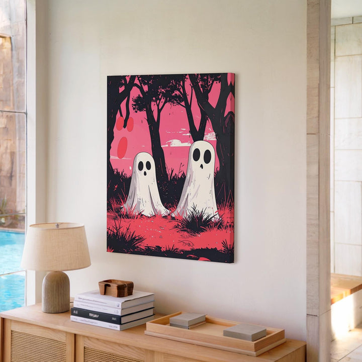 Retro Ghost Duo Canvas – Pink Sky Halloween Print-Inspired Wall Art - Gifitto