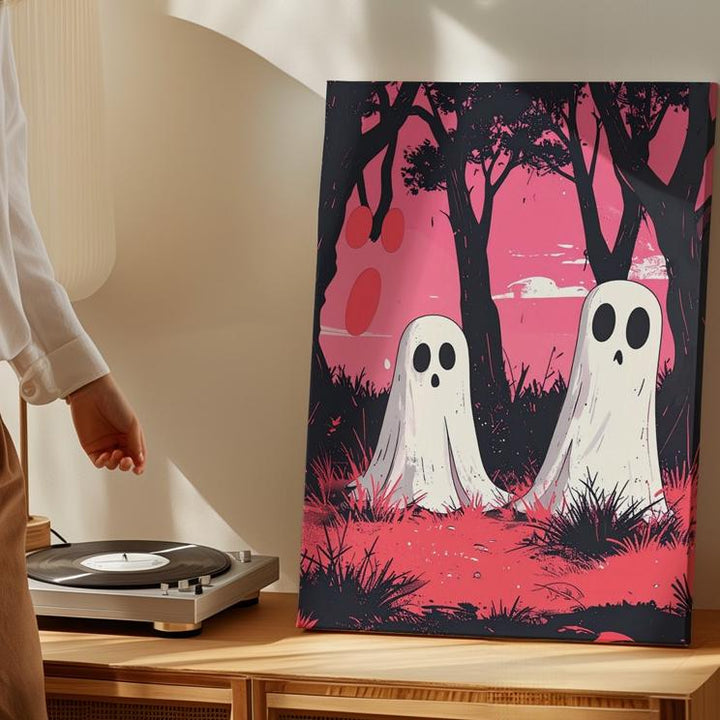 Retro Ghost Duo Canvas – Pink Sky Halloween Print-Inspired Wall Art - Gifitto