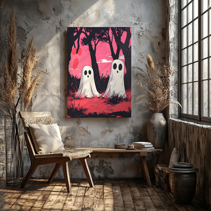 Retro Ghost Duo Canvas – Pink Sky Halloween Print-Inspired Wall Art - Gifitto