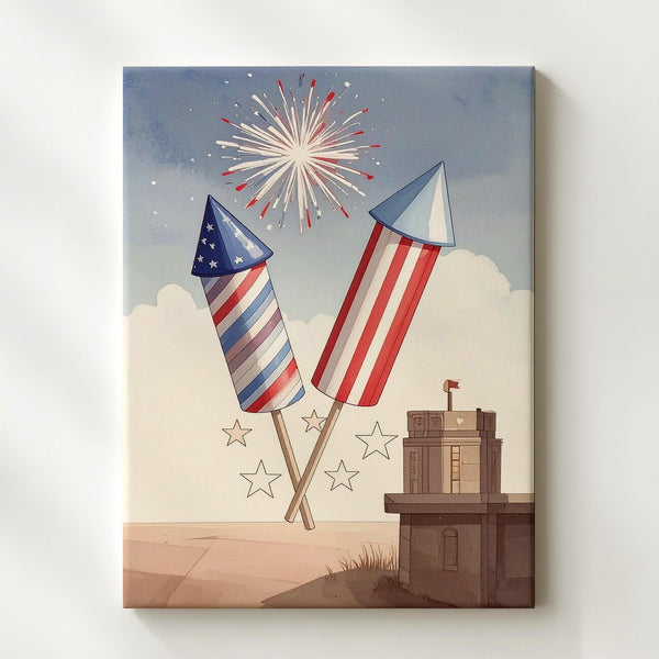 Cartoon Fireworks Canvas – Playful Red & Blue Patriotic Celebration Art - Gifitto