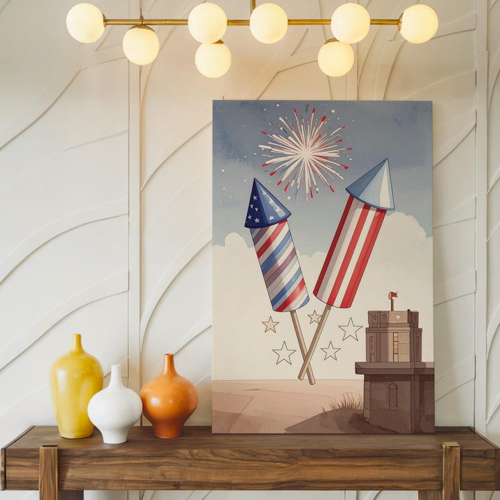 Cartoon Fireworks Canvas – Playful Red & Blue Patriotic Celebration Art - Gifitto