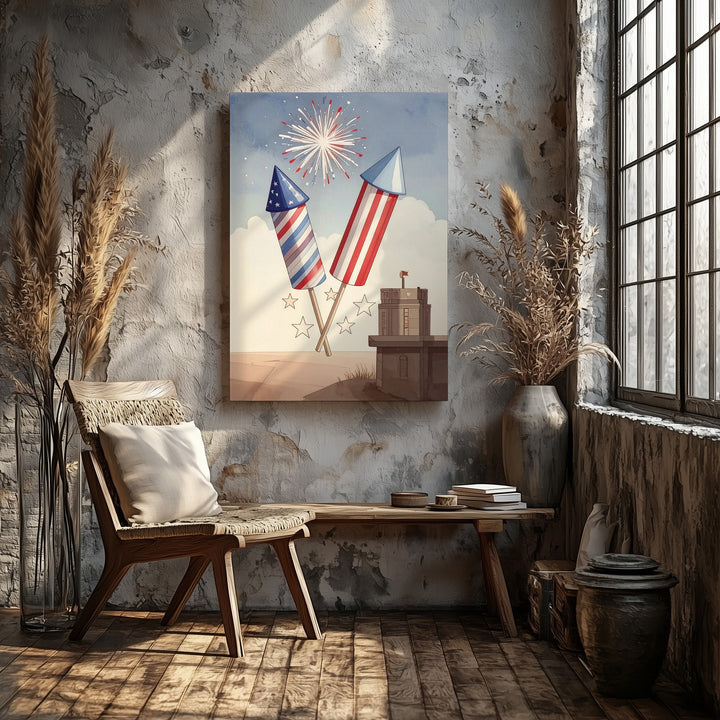 Cartoon Fireworks Canvas – Playful Red & Blue Patriotic Celebration Art - Gifitto