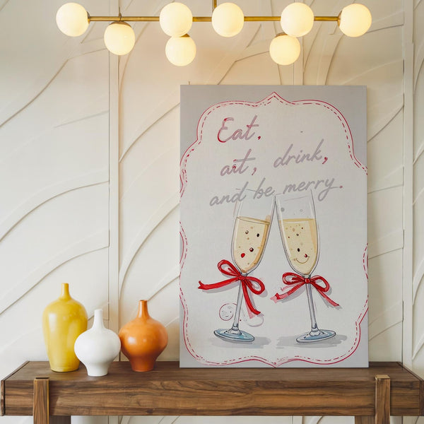 Eat, Drink & Be Merry Canvas – Festive Champagne Glasses Holiday Wall Art - Gifitto