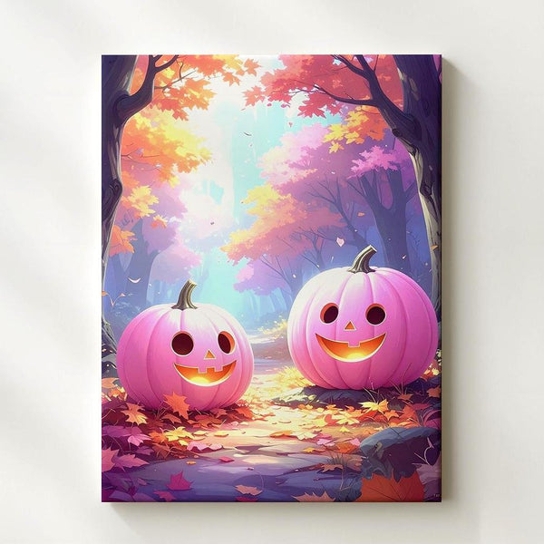 Smiling Pink Pumpkins Canvas – Whimsical Halloween Forest Wall Art - Gifitto