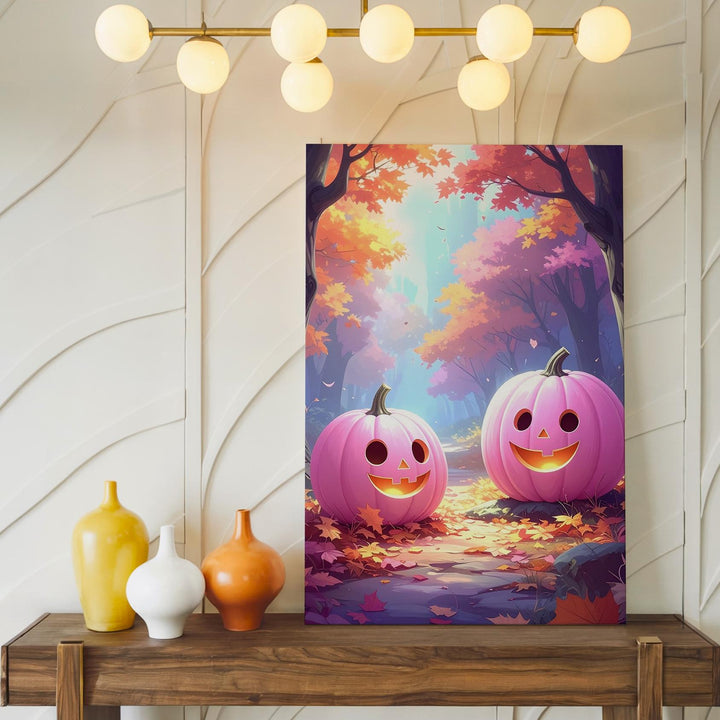 Smiling Pink Pumpkins Canvas – Whimsical Halloween Forest Wall Art - Gifitto