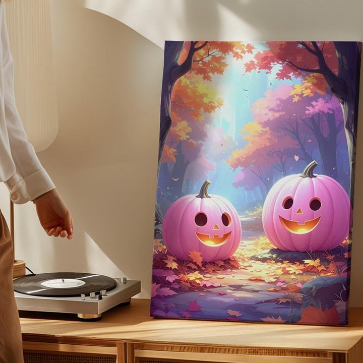 Smiling Pink Pumpkins Canvas – Whimsical Halloween Forest Wall Art - Gifitto