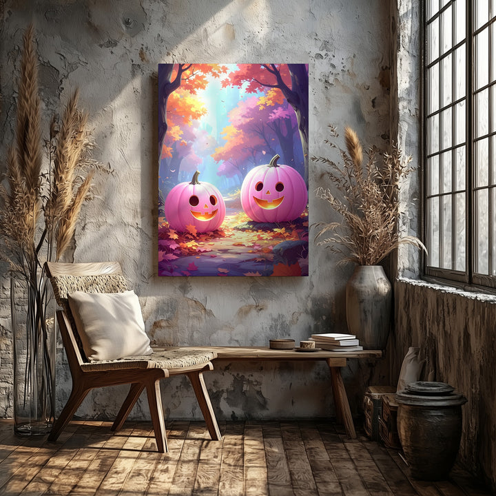 Smiling Pink Pumpkins Canvas – Whimsical Halloween Forest Wall Art - Gifitto