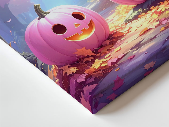 Smiling Pink Pumpkins Canvas – Whimsical Halloween Forest Wall Art - Gifitto